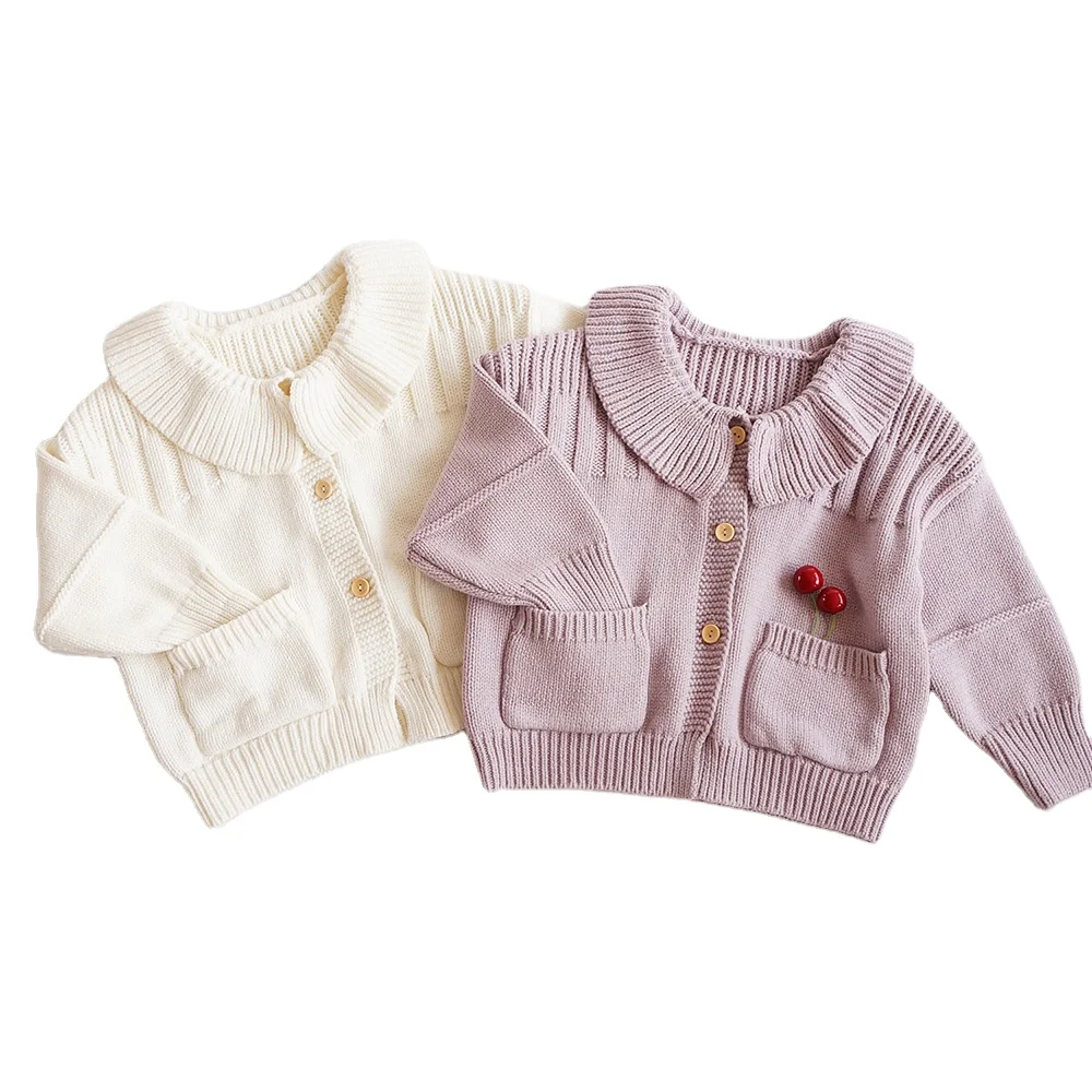 Kids clothing wholesale autumn cute baby girl warm soft cotton pure color hand knit lozenge b sweater button cardigan