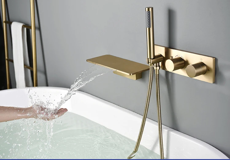 Wall Mounted Tub Faucet Bathroom Brushed Gold Brass Thermostatic Bathtub Faucet with Shower Head