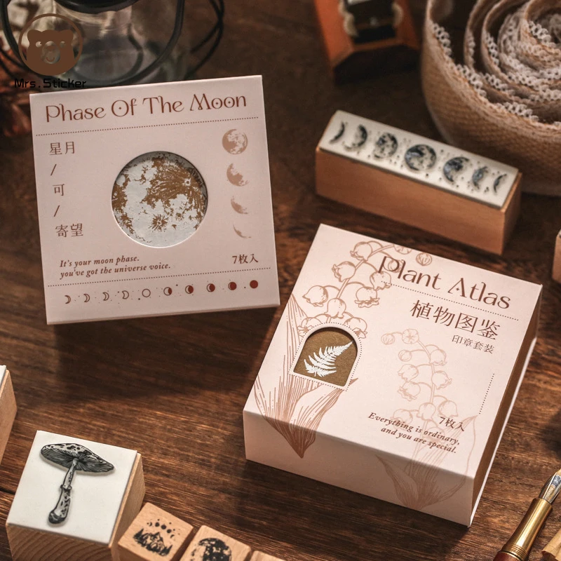 7pcs/box Ephemera Retro Plant Wooden Rubber Stamp Vintage Universe Wood Stamper DIY Planner Decorative Scrapbooking,Journaling