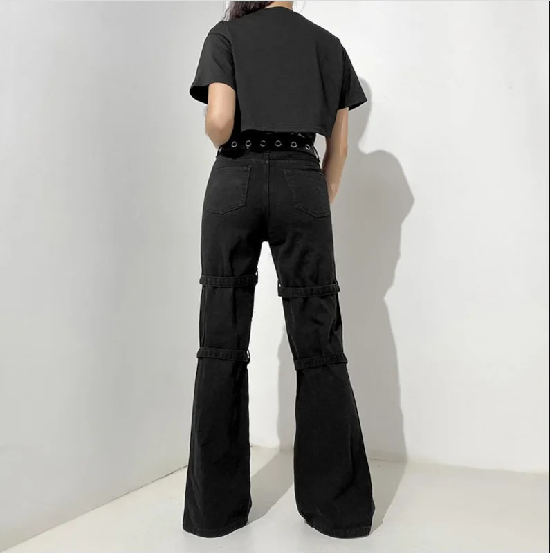 Comic Print Punk Goth Pant Grunge Black Clothes Korean Fashion Pocket Straight Women Streetwear Flared Y2k Hippie Jeans