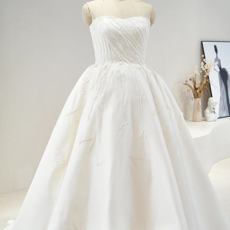 Strapless Beading Lace Applique High Low Wedding Bride Luxury Satin A-Line Bride Wedding Gowns RL077
