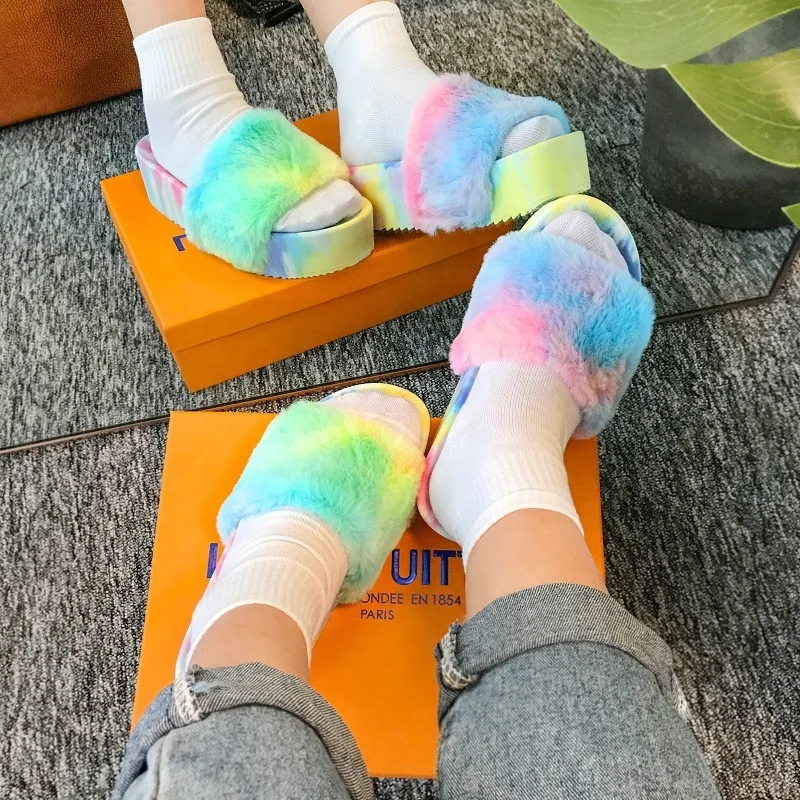 High quality winter soft colorful fashion fur slippers tie-dye candy color designer fur slippers women sandals