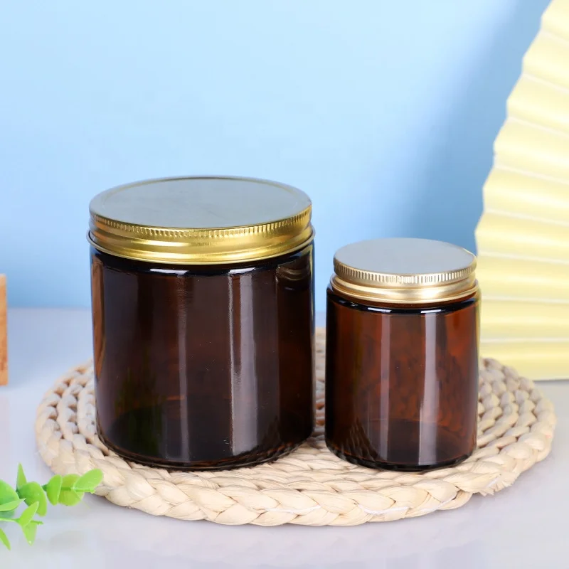LD27P 4oz 6oz 8oz  Wholesale Multi-sizes Empty Amber Glass Candles Jars Candle Containers With Metal Lids