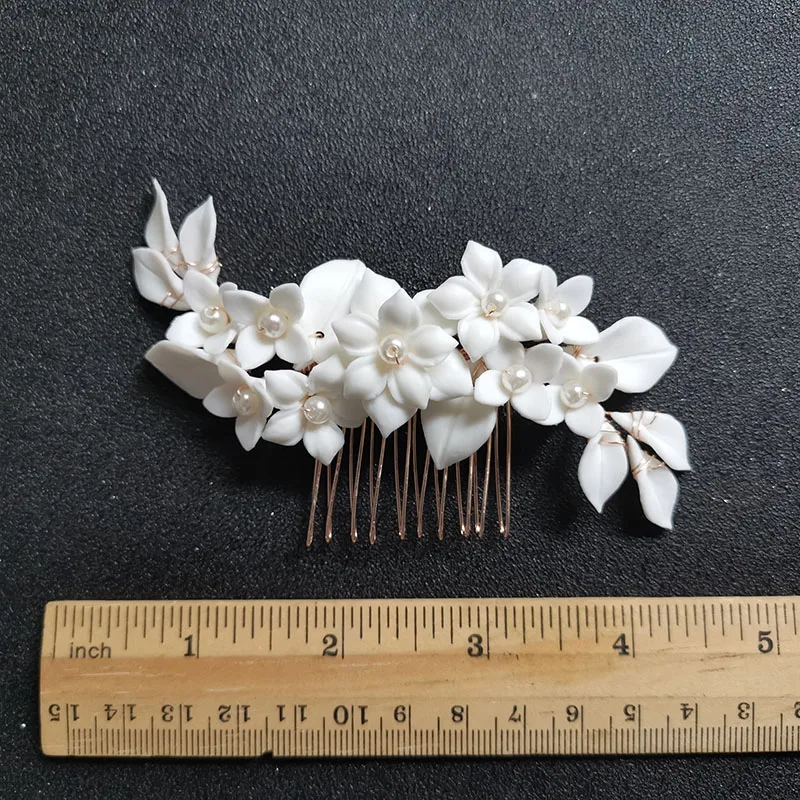 SLBRIDAL Handmade Rhinestones Pearls Ceramic Flower Leaf Bridal Hair Comb Wedding Headpieces Hair accessories Women Jewelry