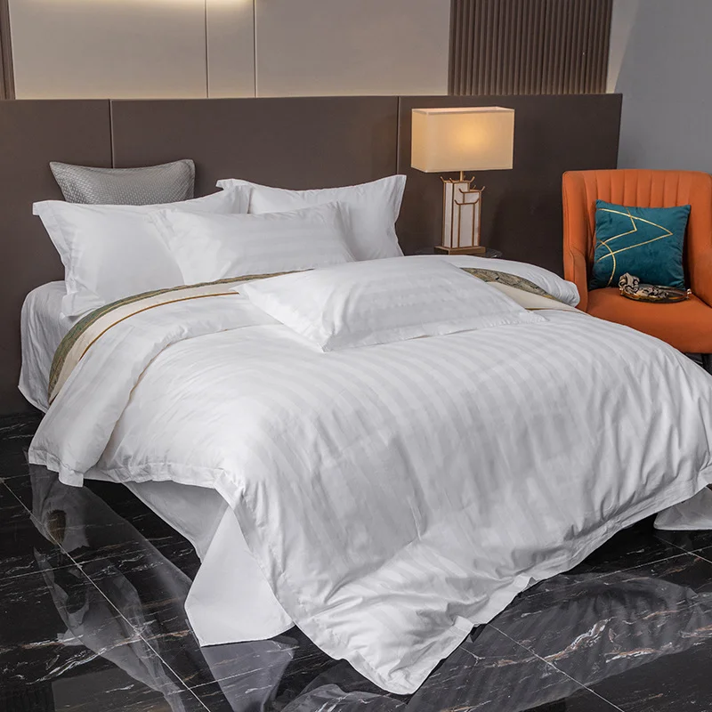 Wholesale Full Size Cotton Bed Linen Set with Material Printed Logo for Hotel Amenities hotel quality white sheets