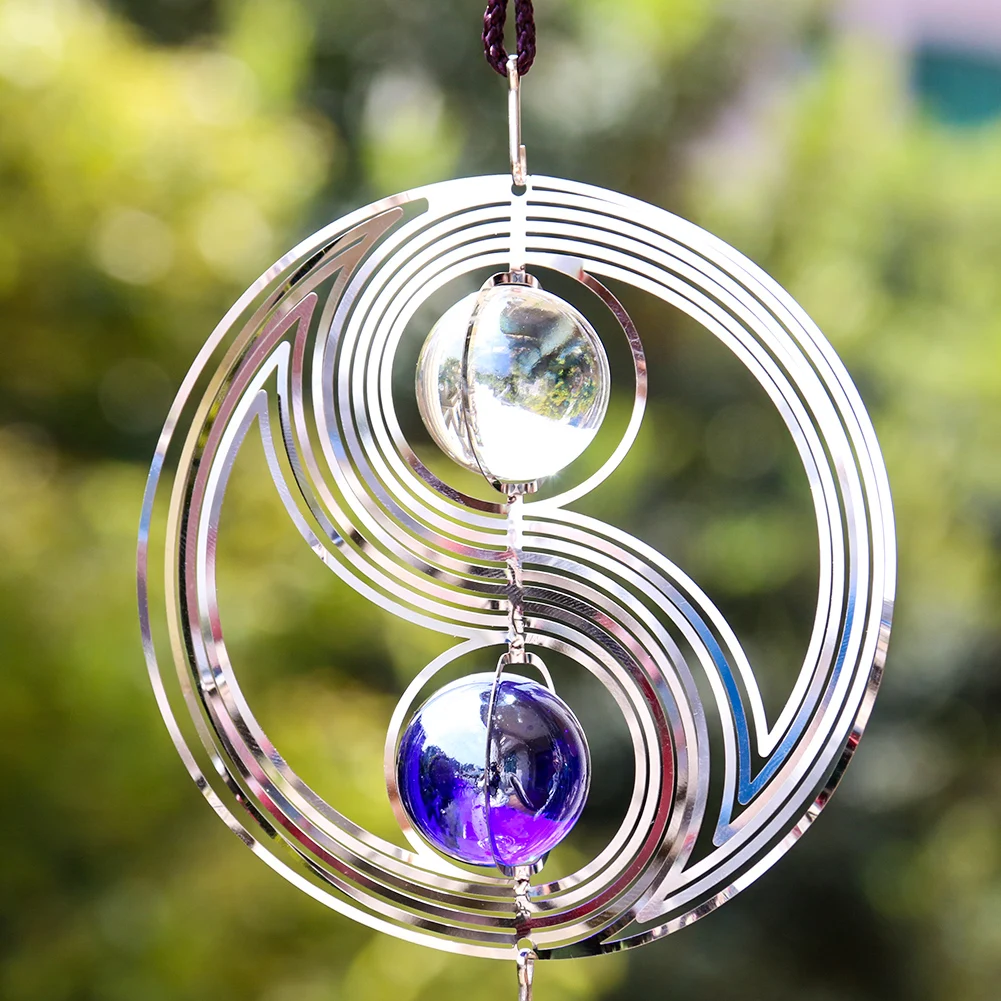 3D Chinese Tai Chi Bearing Rotating Stainless Steel Crystal Ball Wind Chime Sun Catcher Garden Home Decor Metal Crafts
