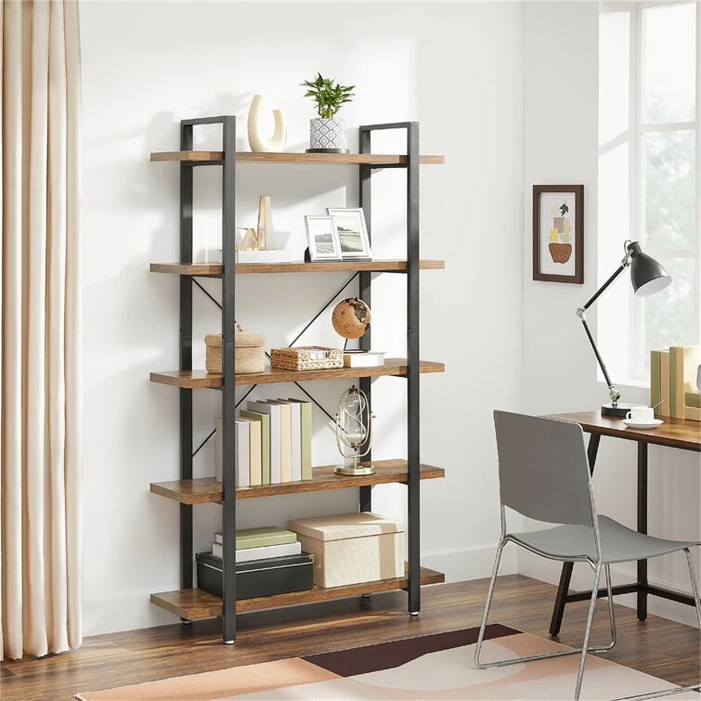 Ladder Shelf 5-Tier Book Shelf Slanted Wall Shelf for Living Room Kitchen Office 105Cm H x 177.5Cm W Steel Standard Bookcase