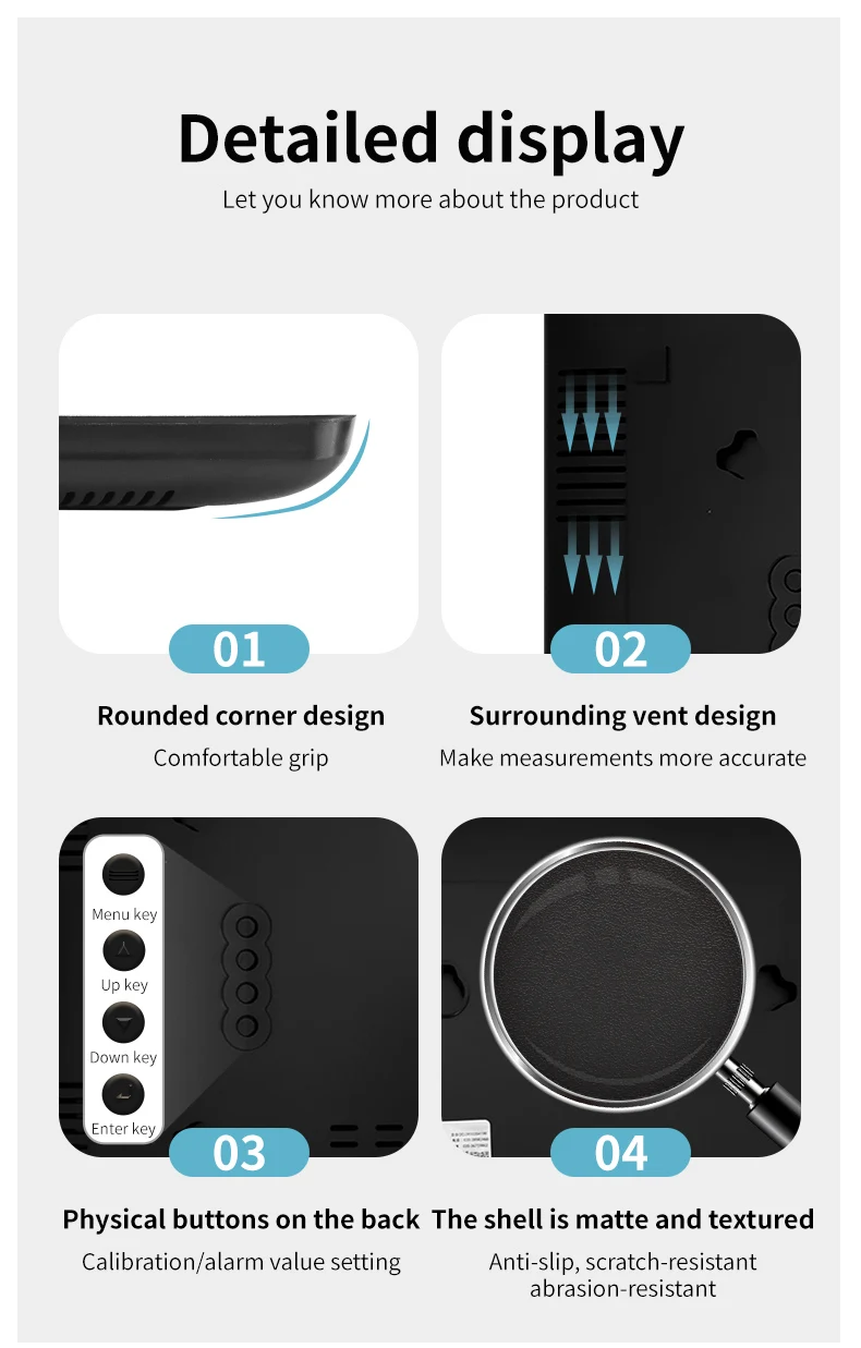 Hot selling multifunctional digital LED industrial thermometer and hygrometer with 5V sound and light alarm and USB charging