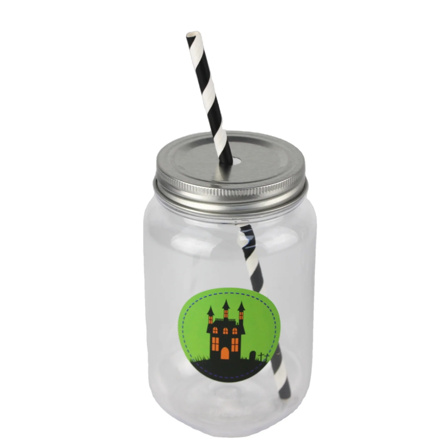 Halloween 16oz Plastic Mason Cocktail Cup Shatterproof Drinking Jar with metal Lids