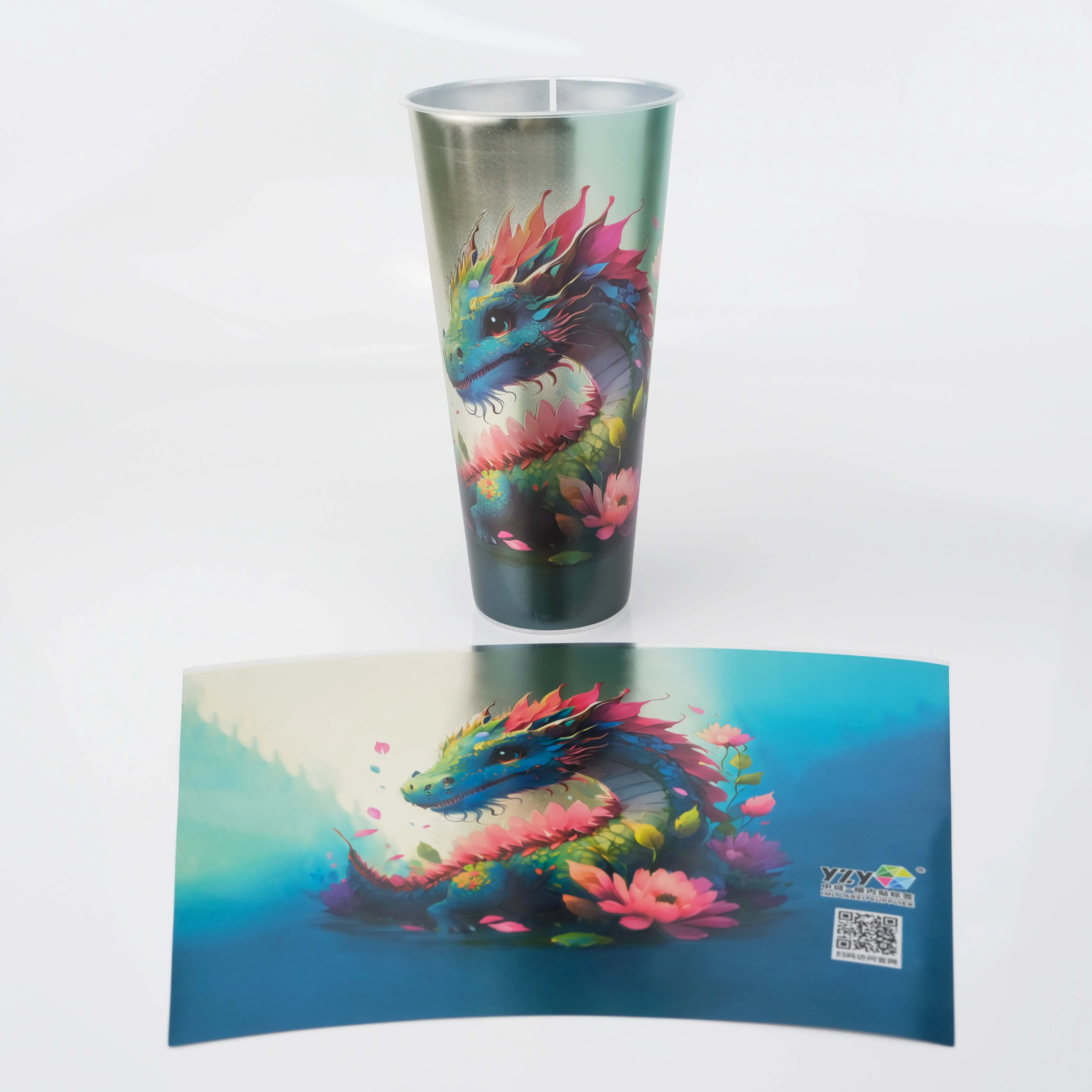 Color embossed metal laminate film for in-mold label cup application with Chinese  dragon designs