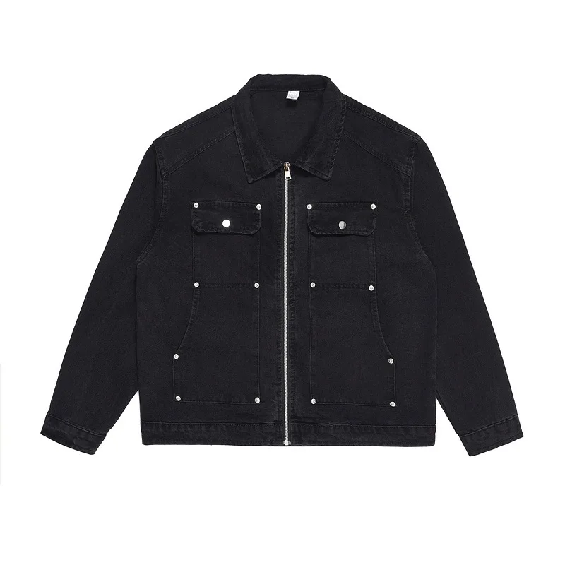 High Street Brown Stud Design Washed Distressed Retro Zipper Denim Jacket