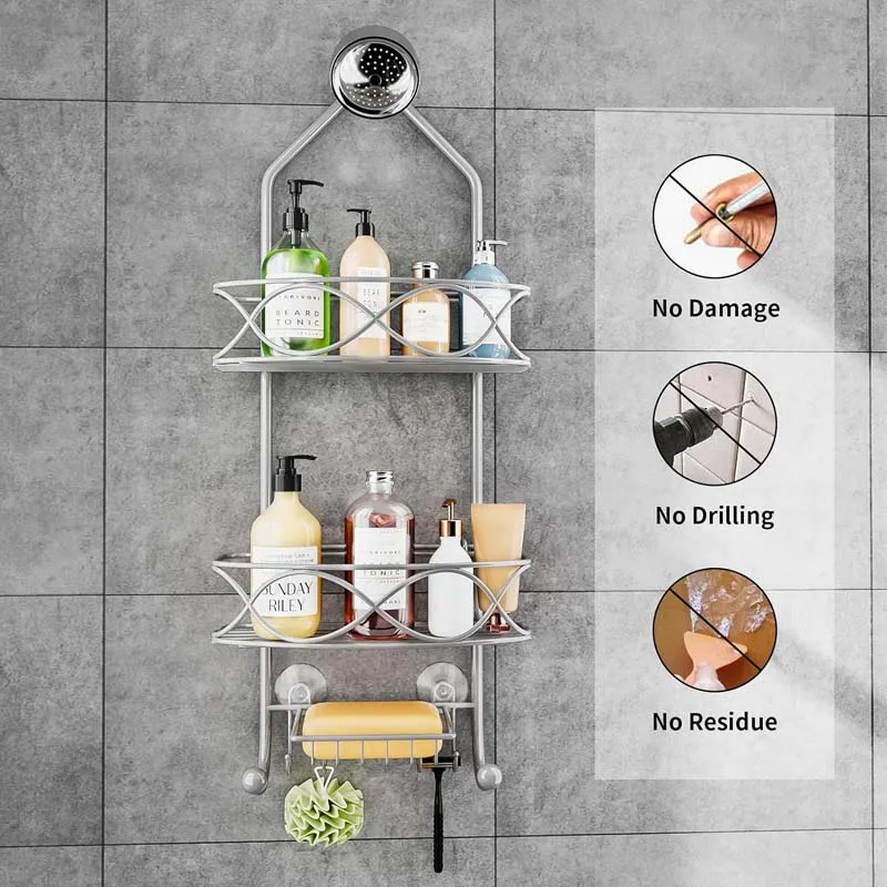 Low MOQ Rustproof Bathroom Shower Room Shelf Organizer Shower Caddy Over Shower Head with Soap Holder and Hooks
