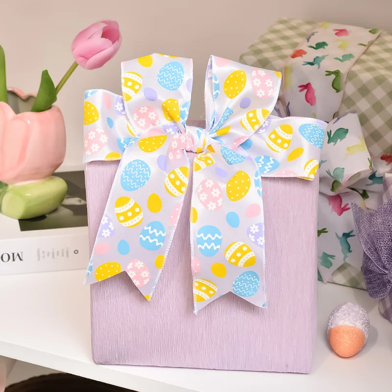YAMA Print Logo Happy Easter Wired Edge Ribbon For Gift Wrapping Garland Bows Holiday Decoration 63mm 10Yard/Roll