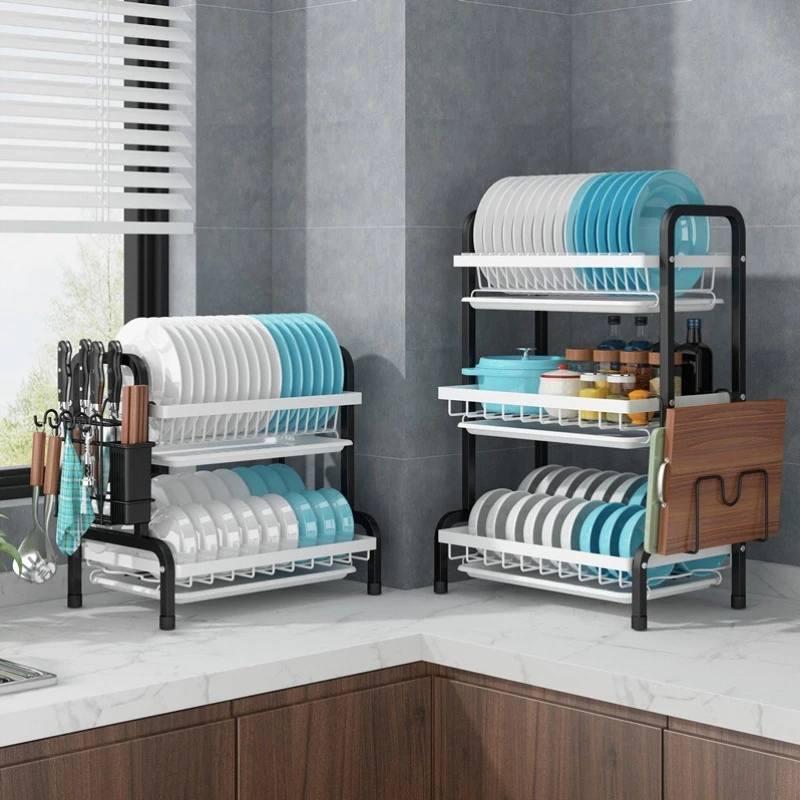 High Quality Dish Drying Rack for Kitchen Counter Stainless Steel Large 2/3 Tier Dish Rack with Auto-draining Tray Drainers