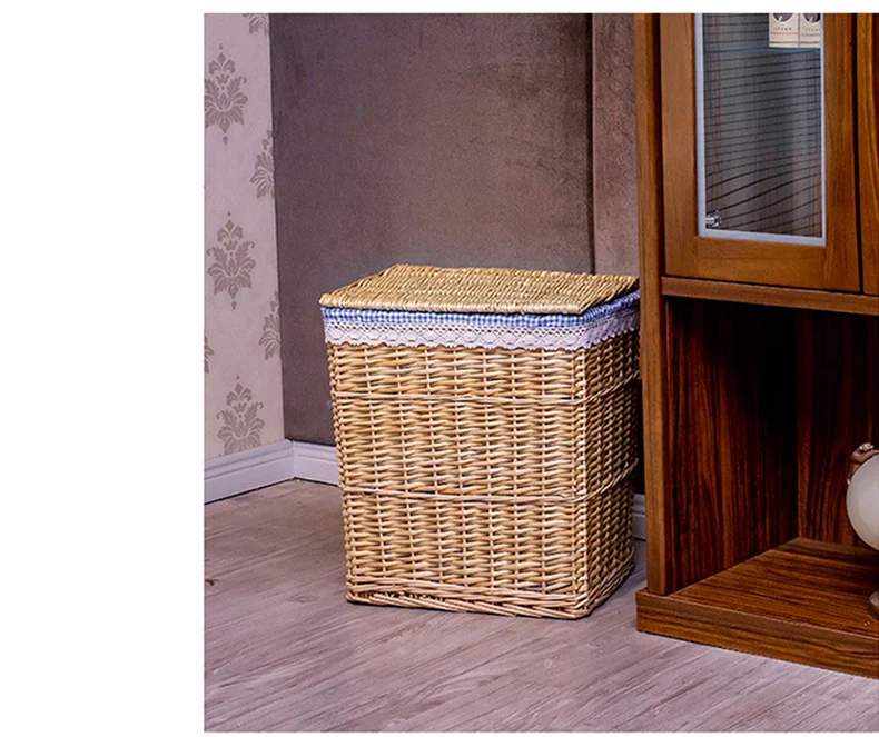 Large Rectangular Natural Brown Wicker Storage Basket Home Laundry Basket with Plastic Lid Lining for Clothes Organization