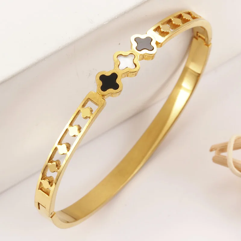 XIXI Joyas De Acero Inoxidable Al Por Mayor Stainless Steel Gold Plated Four Leaf Clover Women Fashion Jewelry Bracelets Bagnles