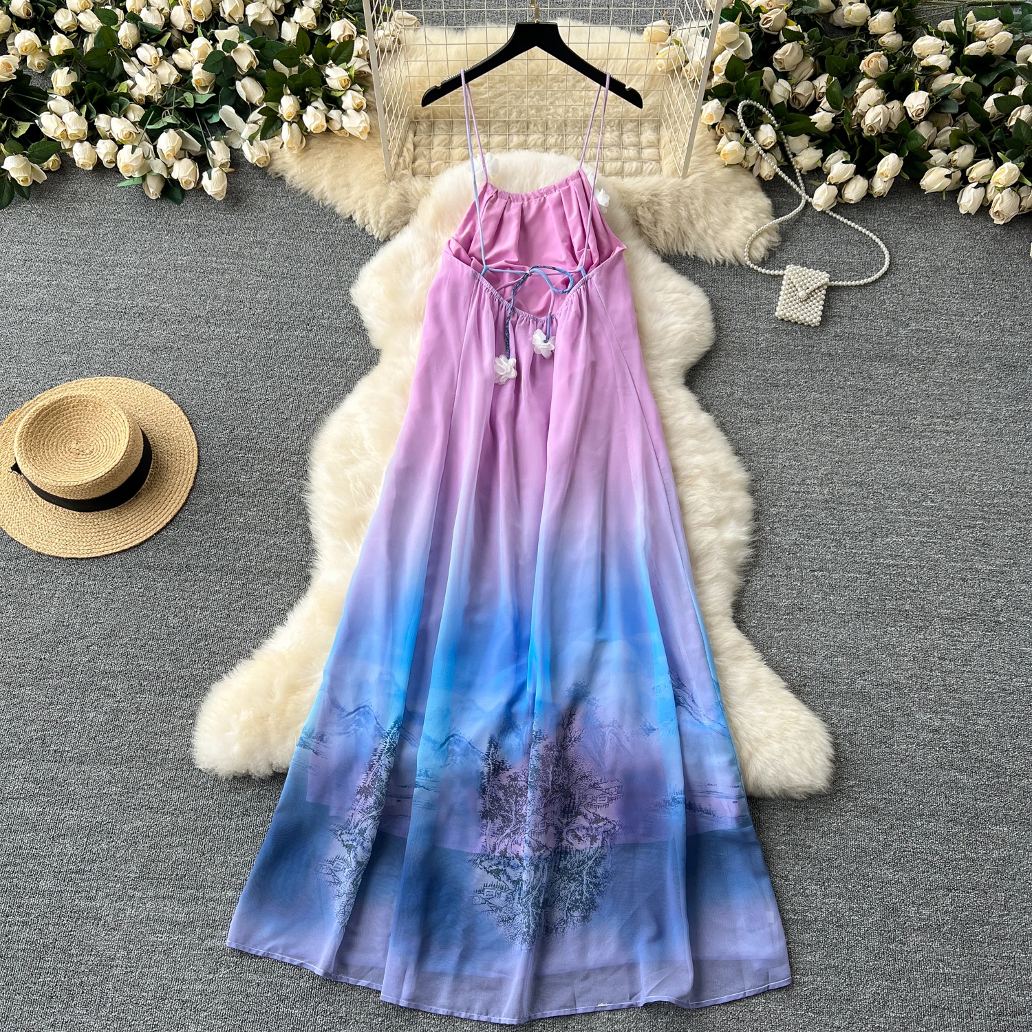 Summer Fairycore Halter Casual Midi Dress For Women Sleeveless Gradient Printed Backless Lace Dress