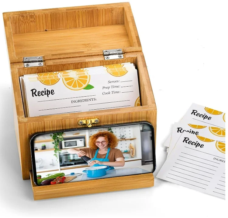 Bamboo Recipe Box Phone Holder Kitchen Recipe Card Organizer