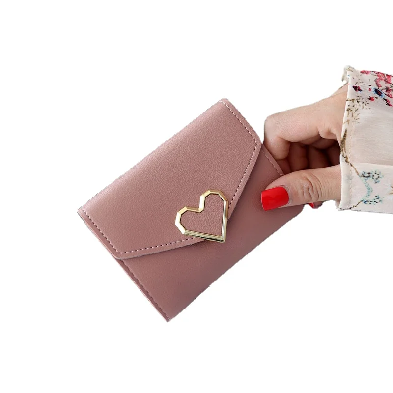 Wholesale 2022 New Vintage Cute Metal Heart PU Leather Short Wallet Girl Student Wallet