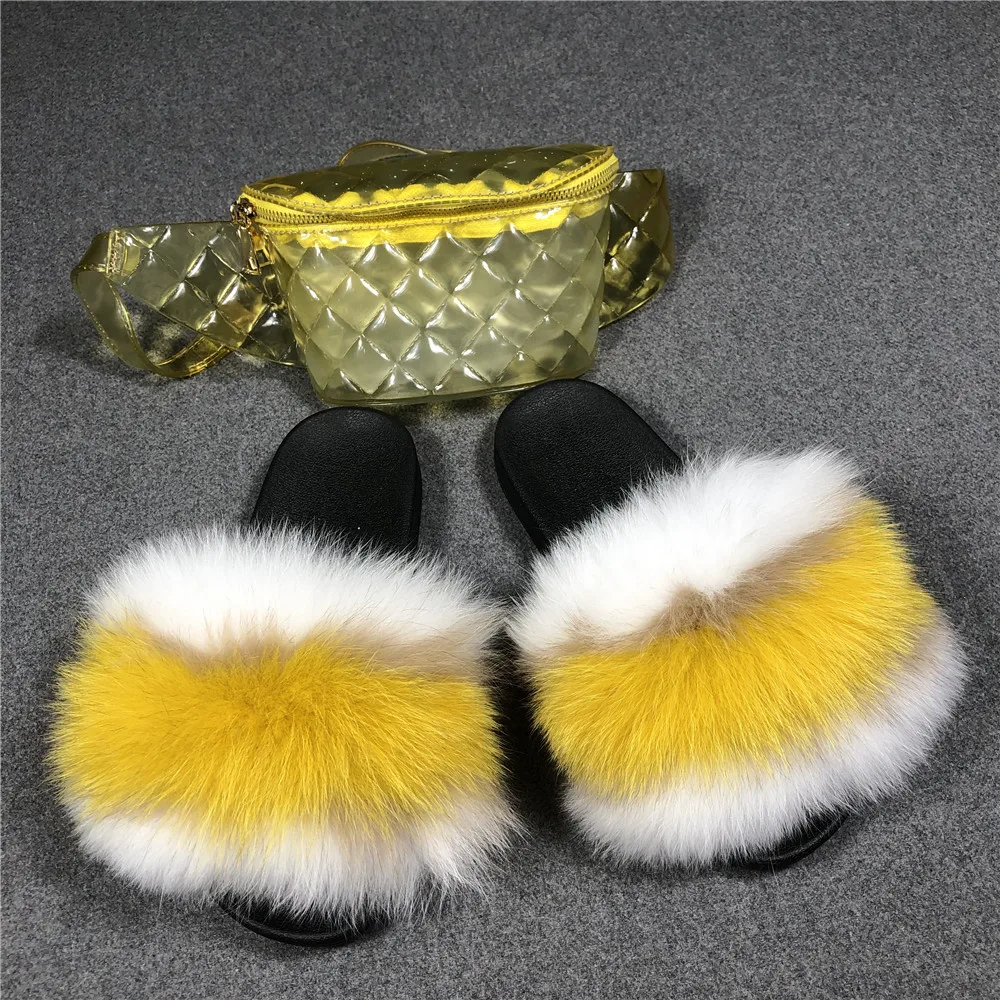 
Лидер продаж от производителя, оптовая продажа ПВХ радуга желе дамской сумочки, пушистые тапочки на открытом воздухе лисий мех енота меховым воротником с мехом без задника с открытыми пальцами 