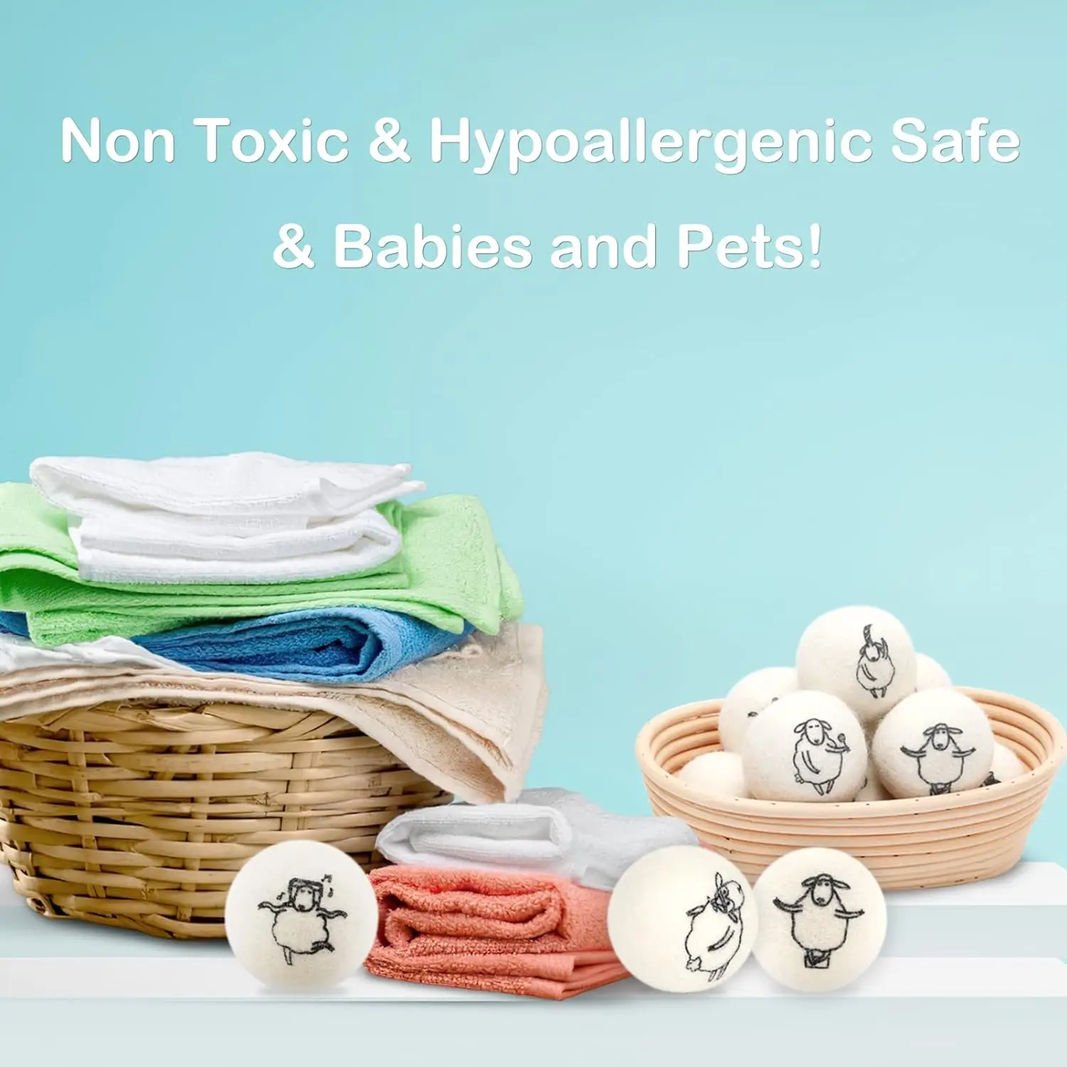 Wool Dryer Balls, 8PCS Dryer Balls with Happy Sheep - Natural & Organic, 100% New Zealand Wool Handmade