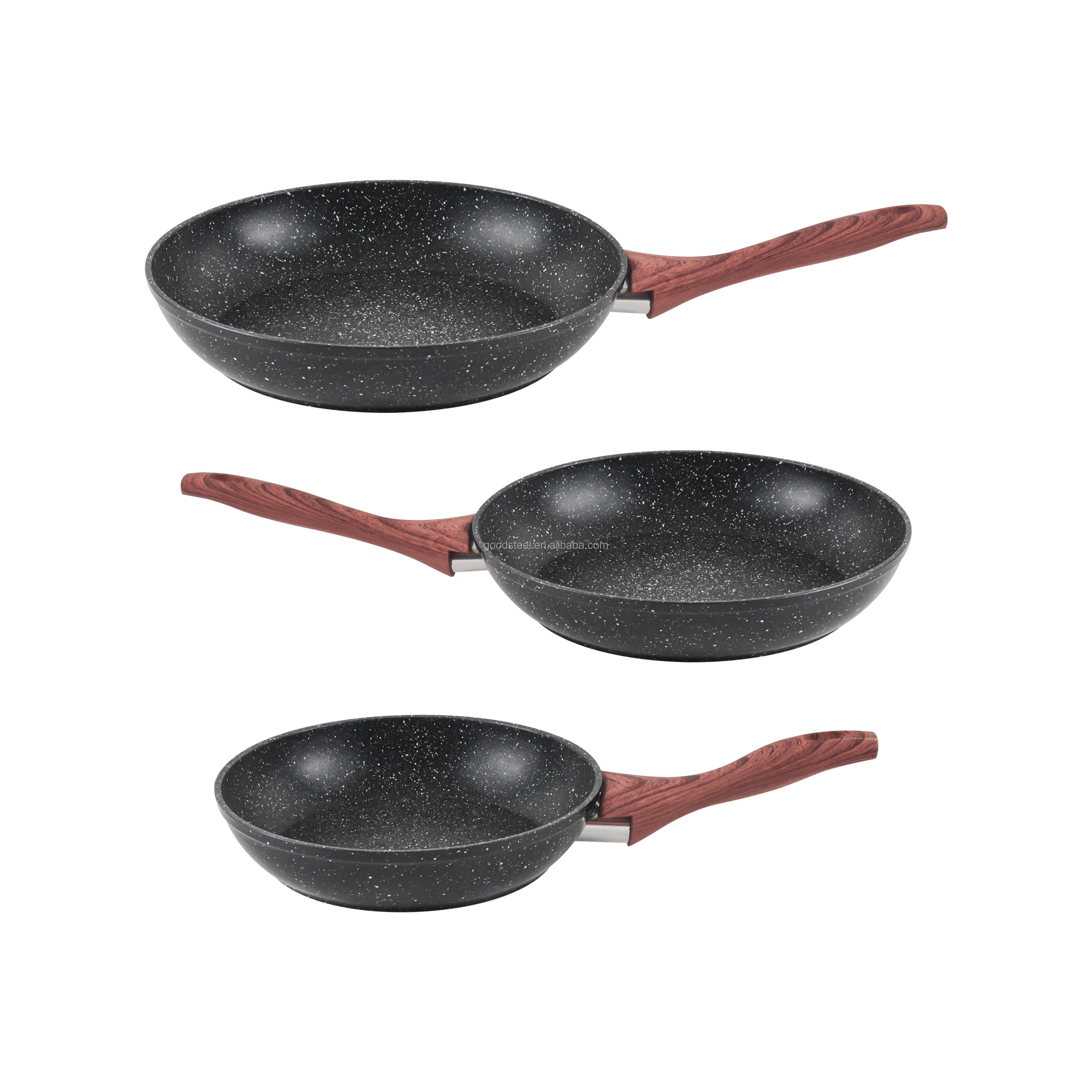20cm Forged Aluminum Fry Pan with Marble Non-Stick Coating Pans Wooden style handle on non stick fry pan