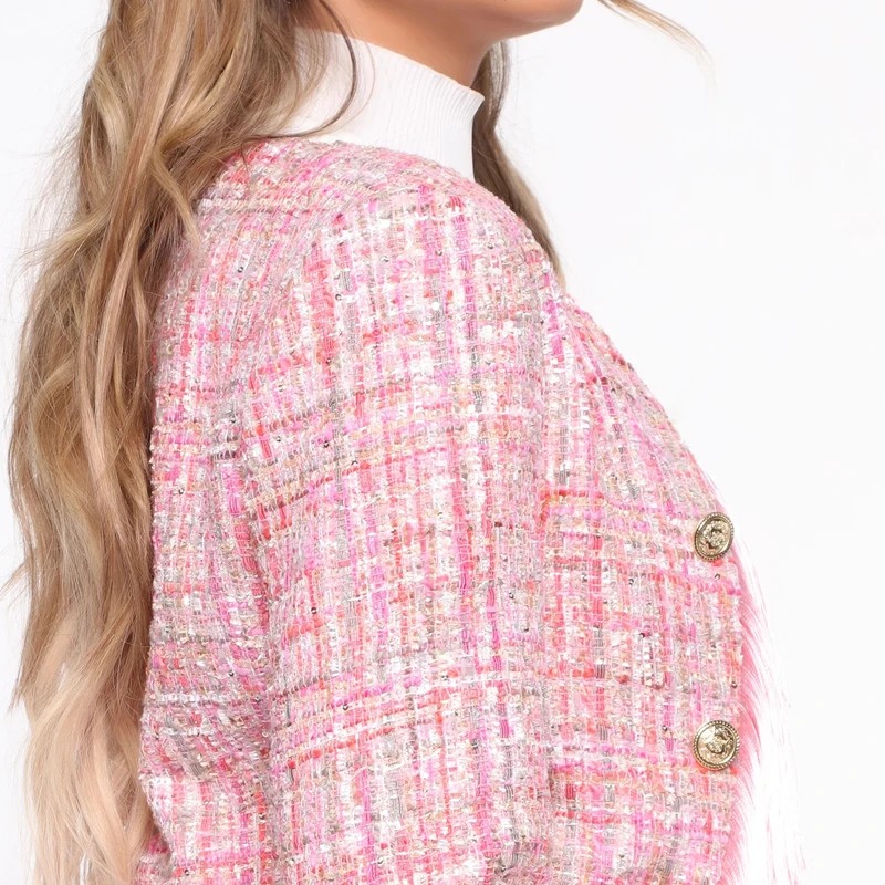 Double breasted long sleeve fringe women tweed jacket