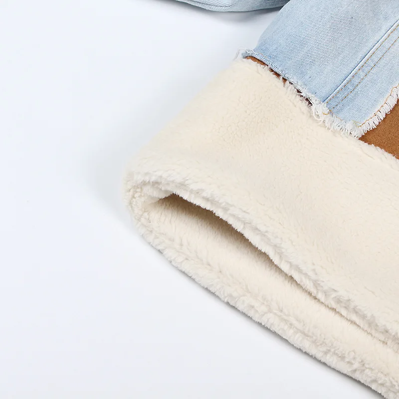 Hot Sale Lamb fur suede collar spliced faux shearling fur lining parkas contract color female fur denim jacket women winter coat