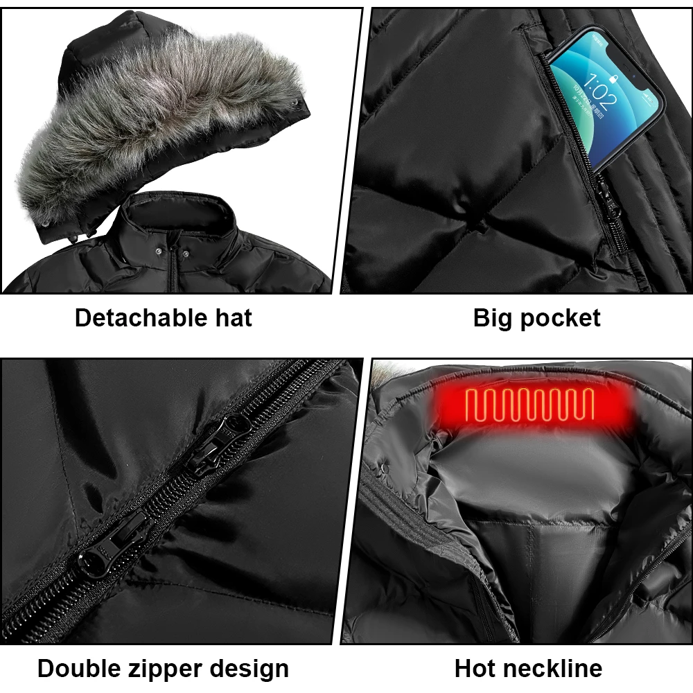 High Quality Woman Battery 12V Heated Mid Long Cotton Down Jacket for Outdoor Winter Hiking Snow Female Heat Jacket
