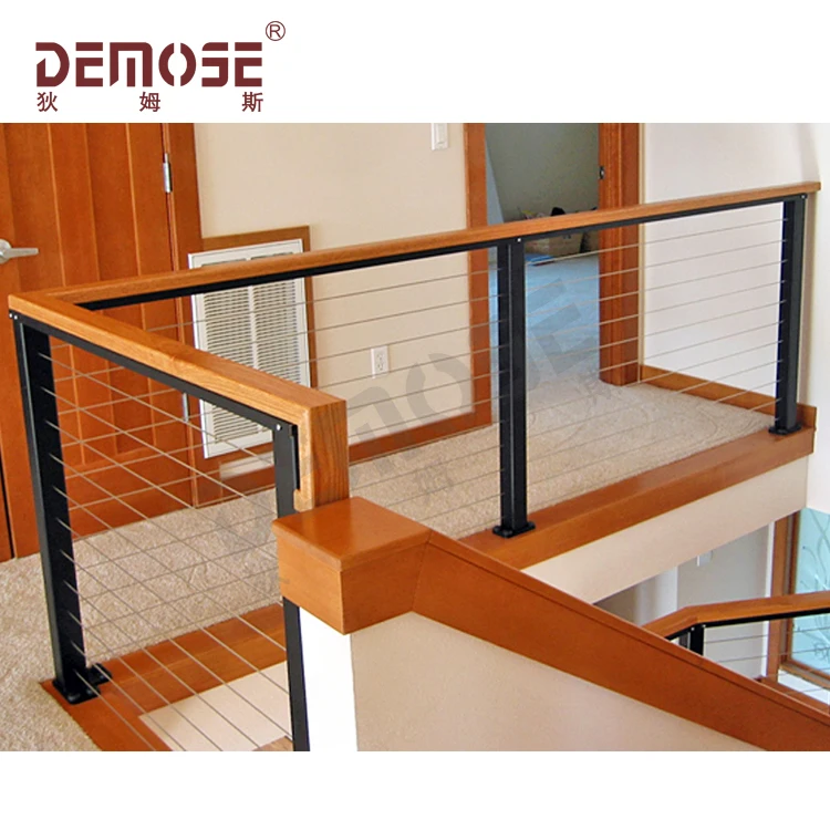 
steel rod railing system wire railing with black post and wooden handrail 