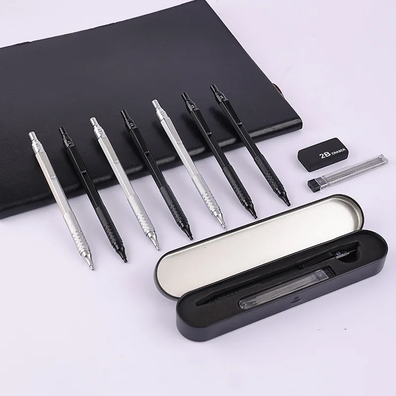 Popular Design Custom High Quality 0.5 0.7MM Metal Handle Retractable  Mechanical Pencil Set With Gift Box