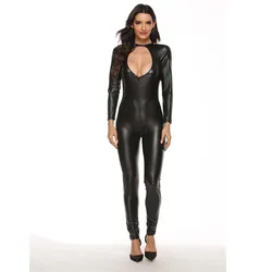 Women Sexy Lingerie Catsuit PVC Leather Ladies Black Latex Zipper Crotch Bodysuit Costume