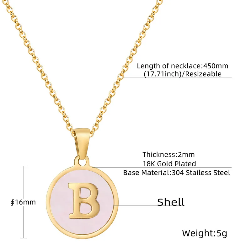 Personalized stainless steel gold plated A-Z 26 initial letters women lovely pink shell round pendant necklace