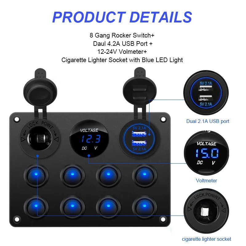Водонепроницаемый 8 Gang кулисный переключатель Dual USB Автомобильное зарядное устройство цифровой вольтметр 12V Выход предварительно смонтированный панель с выключателями
