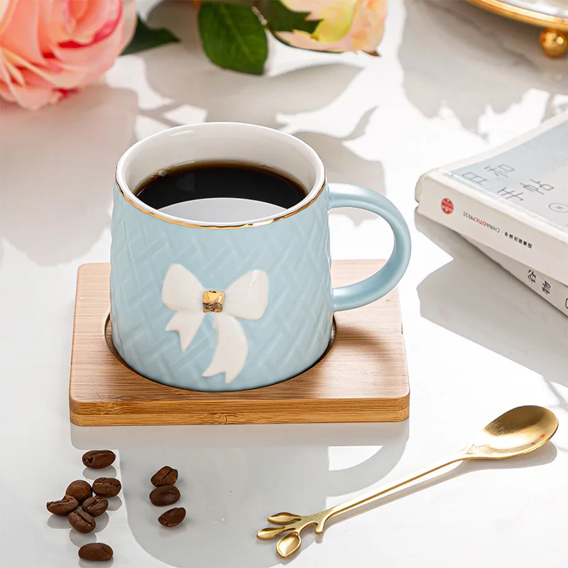 Creative European style ceramic round handle mug saucer with spoon saucer color glaze business gift  tea coffee cup