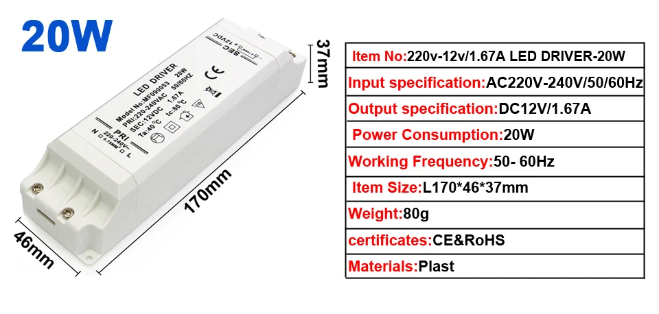 High Quality AC230 Covert to DC24V Led Driver Constant Voltage 20w Led Bulb Driver