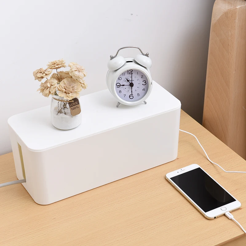 Desktop Organizer Wire Storage Box Power Strip Wire Organizer Cable Management Box TV Computer Wire Hiding With Bamboo Lid