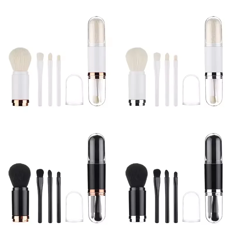 DailyQueen 4-In-1 Retractable Mini Makeup Brush Set Portable Travel Highlight Blooming White Eye Shadow Powder Brush