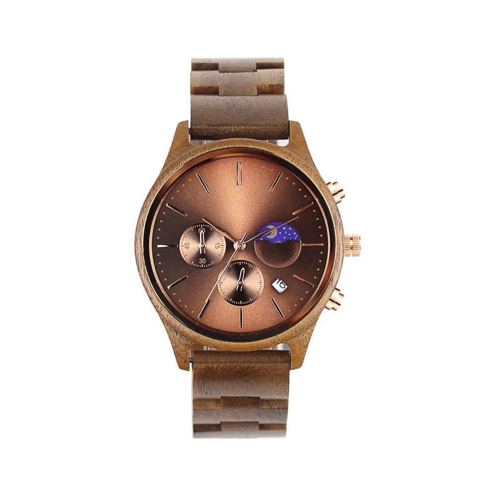 Best Gift Full Natural Walnut Wood Band Quartz Moon Phase Calendar Male Wristwatch Fashion Men Chronograph Wooden Watch