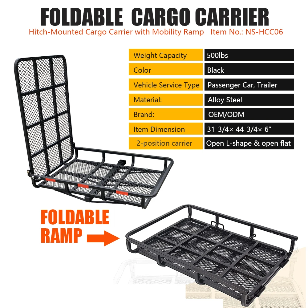 Foldable hitch mount cargo luggage carrier rack basket with loading ramp for SUV pick up truck car