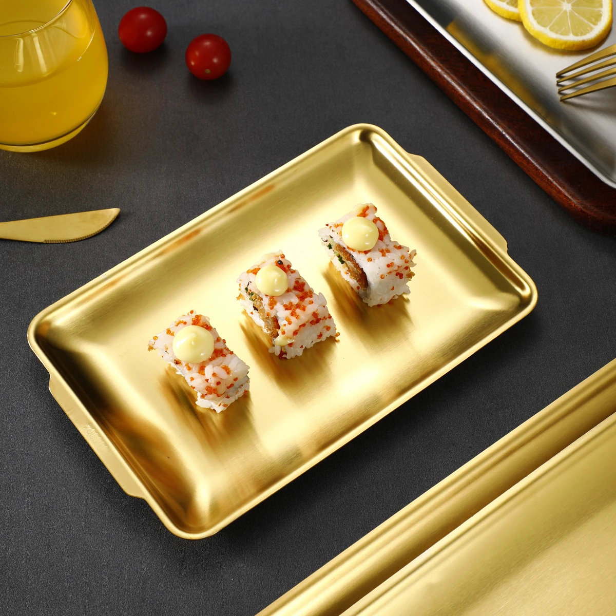 Golden Rectangular Stainless Steel Sushi Plates Barbecue Serving Plate