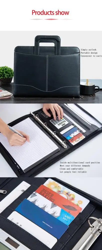 
New fashion Zipper Binder A4 Cardboard Leather Document File Folder With Calculator and Handle for Promotion 