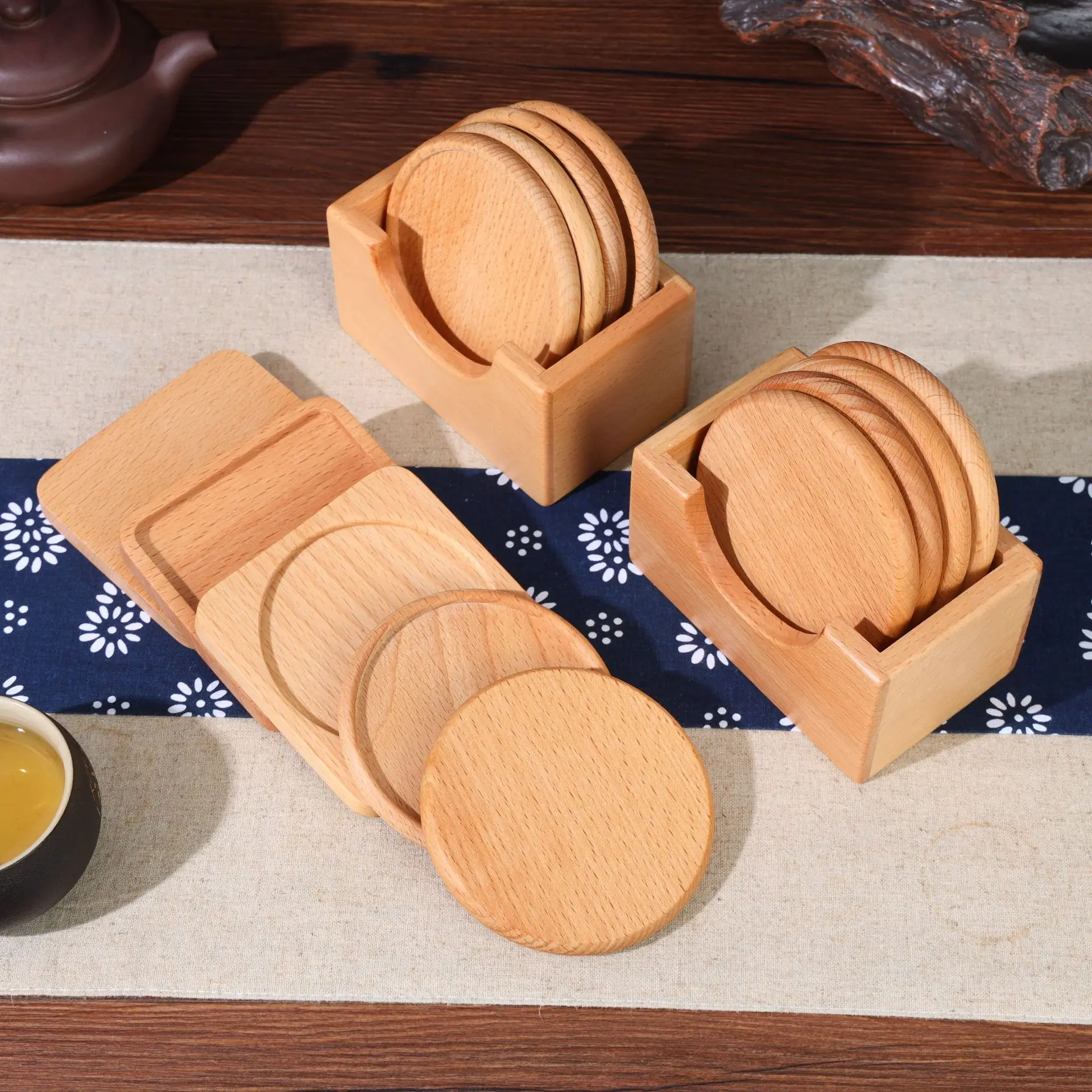 Beech wooden tea cup mat household blank custom engraved printed bulk round natural thick wood coaster for drinks
