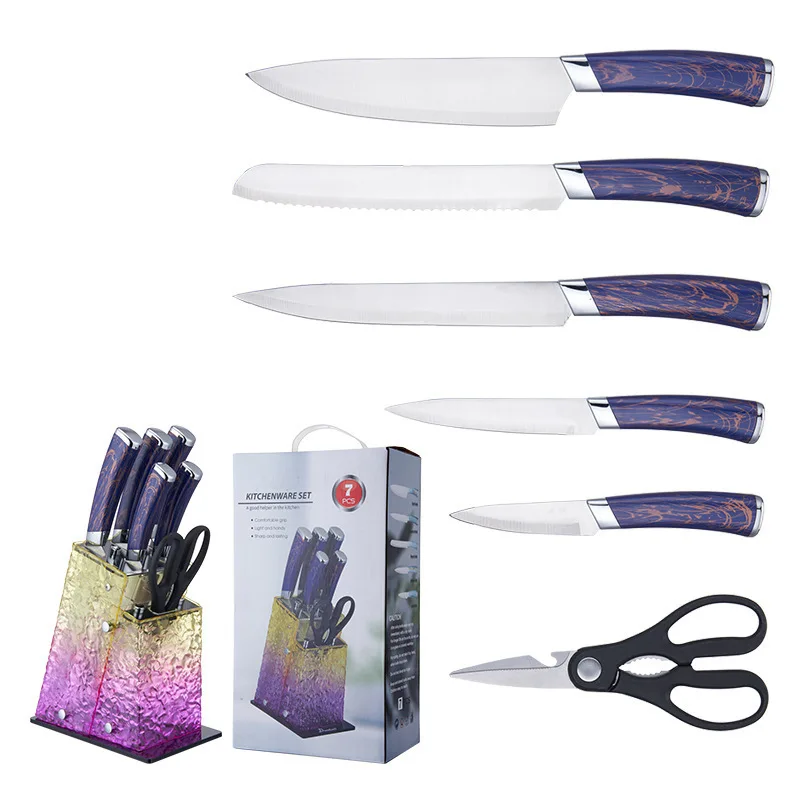 2025 new modern kitchen knives stainless steel 7 pcs chef knife set with colored handle kitchen knife set acrylic stand