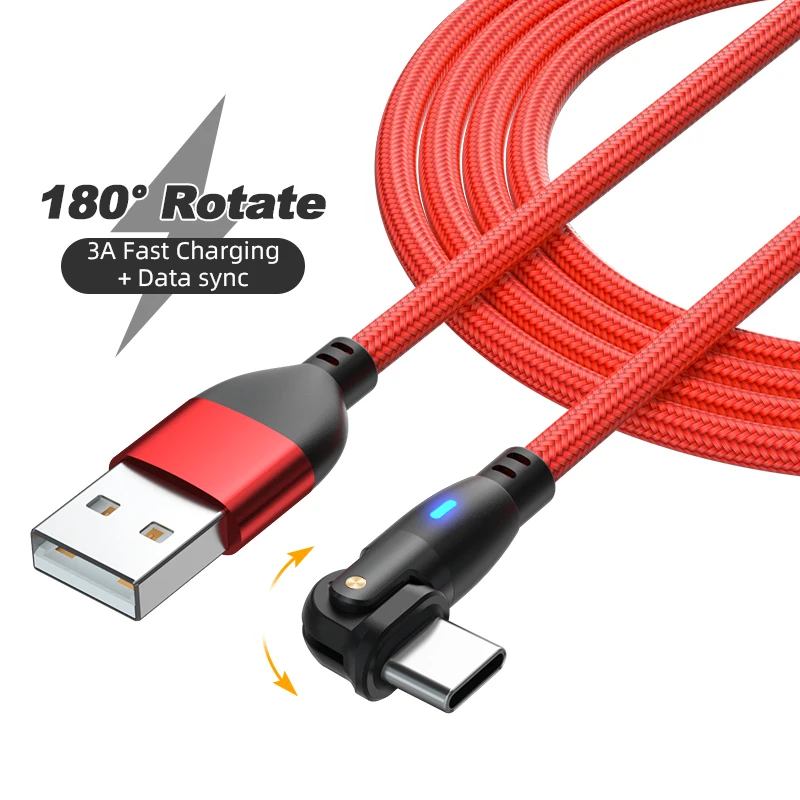180 Degree Rotating USB to Type C Charging Data Transfer Nylon Cable L Shape and Straight 2 in 1