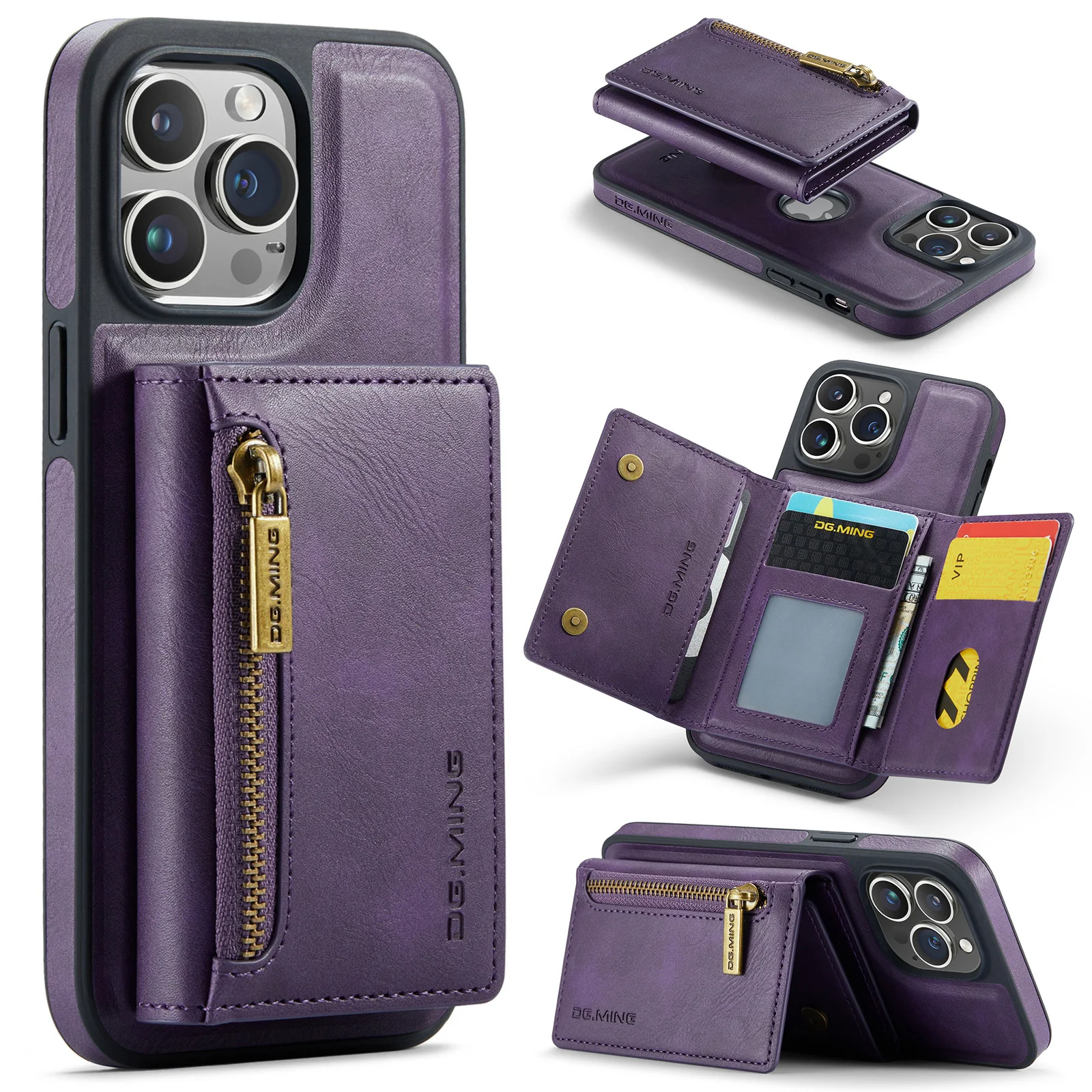 Luxury DGMING 2 in 1 Detachable Retro PU Leather Wallet Bag Magnetic Phone Case for iPhone 11 12 13 14 15 Pro Max Cover Case