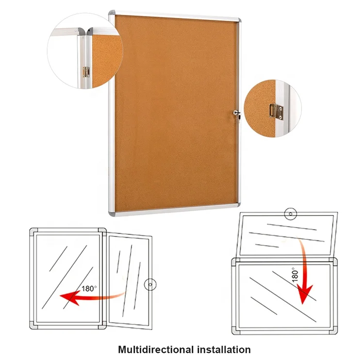 LENAN office wall mount aluminum frame cork showcase indoor lockable notice pin board enclosed bulletin board with door