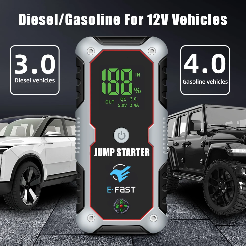 E-FAST multifunctional 12v Car Battery Jump Starter Booster Power Bank Pack jump starter with LED for Gasoline diesel vehicles