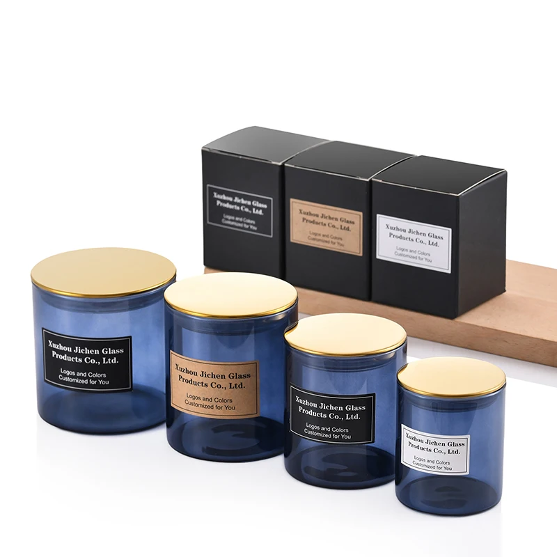 Scented 3oz 5oz 7oz 10oz 12oz 15oz 20oz blue straight soy wax high borosilicate empty glass candle jar with black metal lid