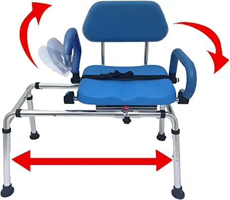 Carousel Sliding Transfer Bench with Swivel Seat. Premium Padded Bath and Shower Chair with Pivoting Arms. Space Saving Design f